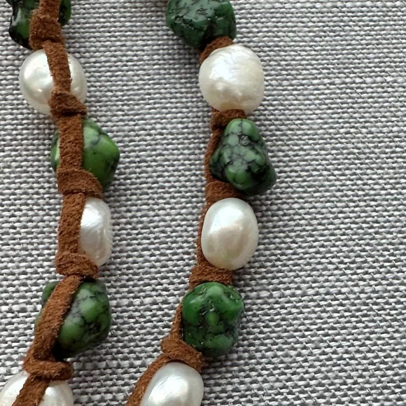 Handcrafted Green Turquoise and Freshwater Pearl Necklace knotted with Suede